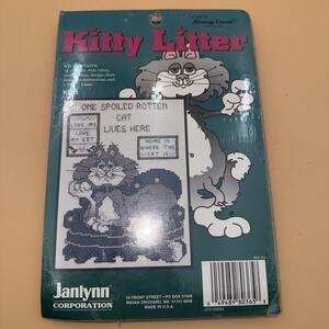 Counted cross stitch kit & frame Janlynn KITTY LITTER SPOILED CAT #KL11 5 x 7"